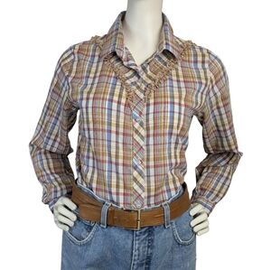 Vintage Western Plaid Blouse with Looped Fringe Yoke, Size Small, Prairie